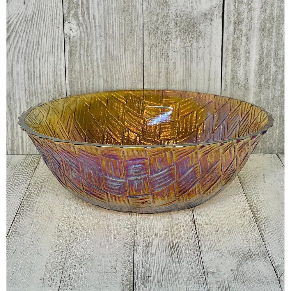 Vintage Indiana Glass Weavetex Basketweave Bowl Marigold Carnival Glass